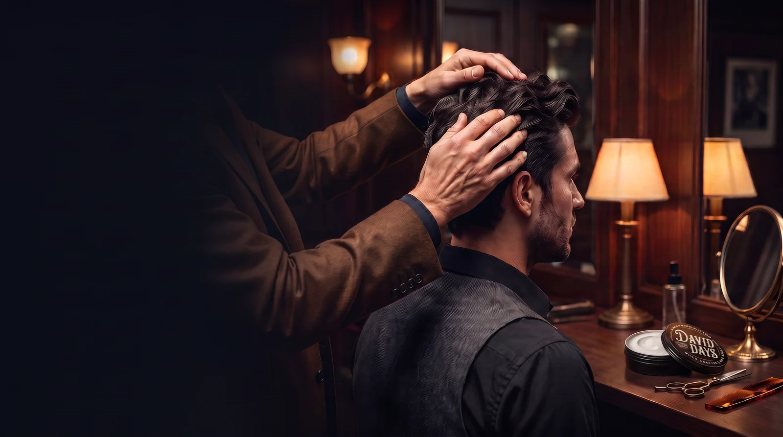 Italian vintage barber assessing hair texture for David Days