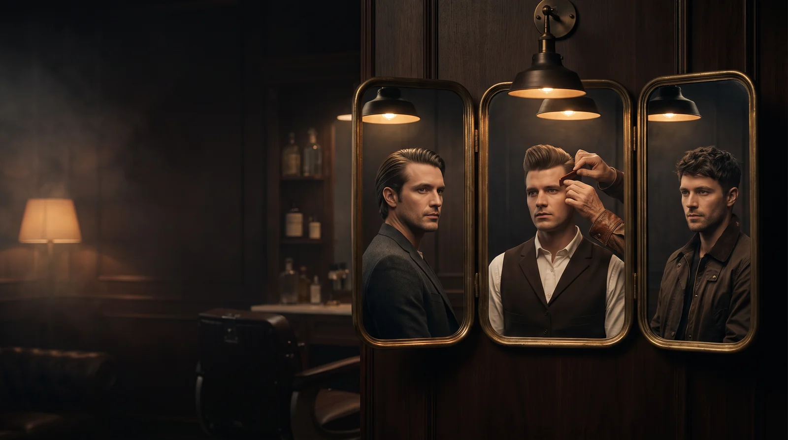 Italian vintage barber mirrors showing Slick Back, Quiff, and Textured Look directions for David Days