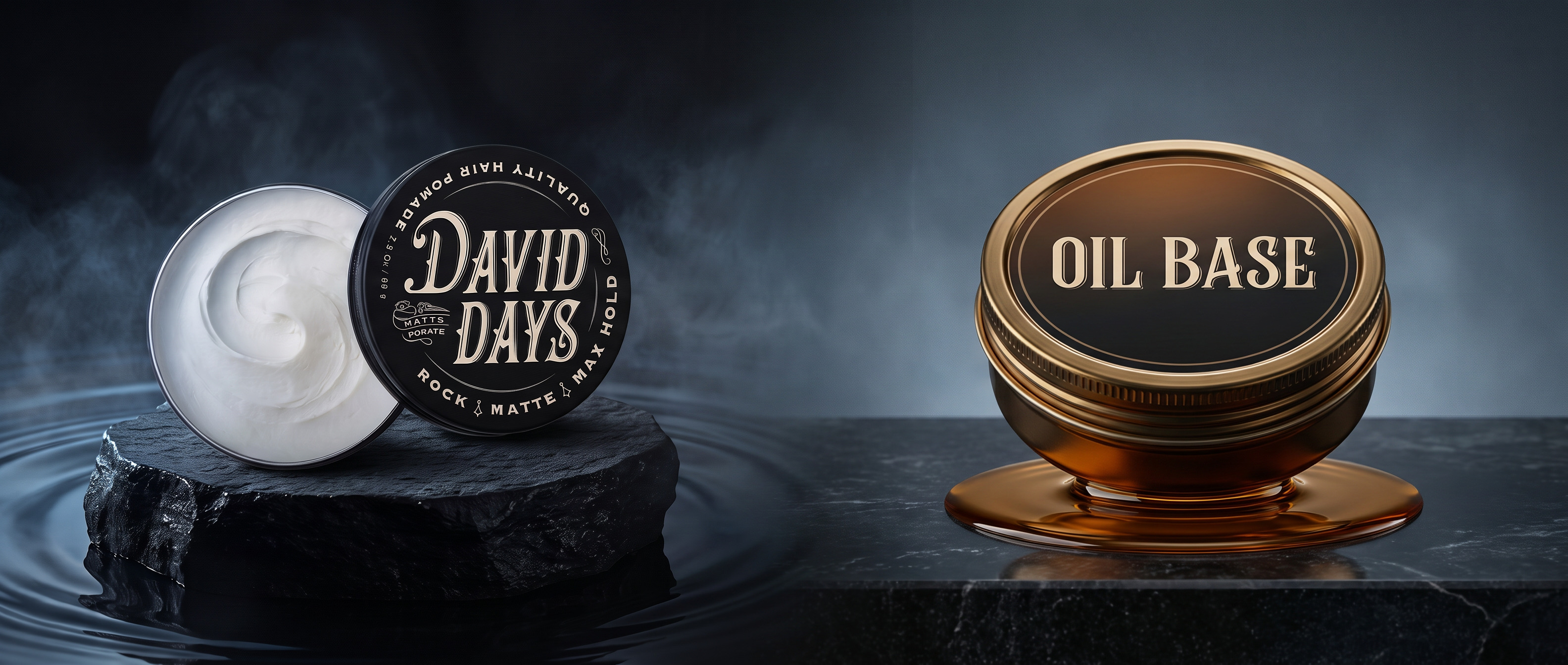 Water Based and Oil Base educational pomade comparison: David Days Rock Matte and an unbranded Oil Base concept mockup